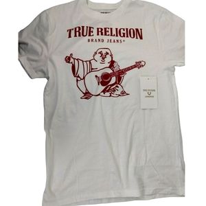 NWT Size Med Men True Religion Red Wine and white T-shirt with Logo on front